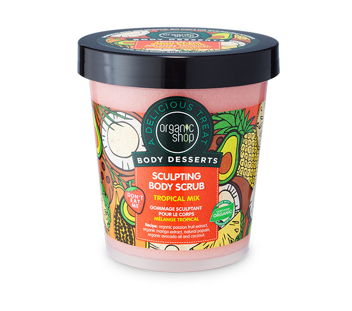 Organic Shop Body Desserts Tropical Mix , Απολεπιστικό σώματος για σμίλευση με άρωμα τροπικών φρούτων , (προϊόν που προκαλεί θερμότητα) , 450 ml. 00000E09
